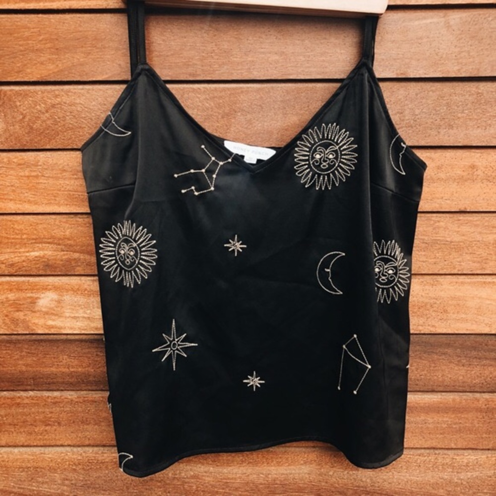ISO HoneyPunch Embroidered Celestial Satin Tank